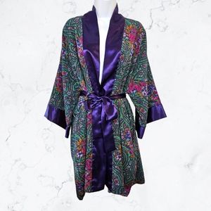 Vintage Victoria's Secret Gold Lebel Green and Purple Paisley Satin Trim Robe